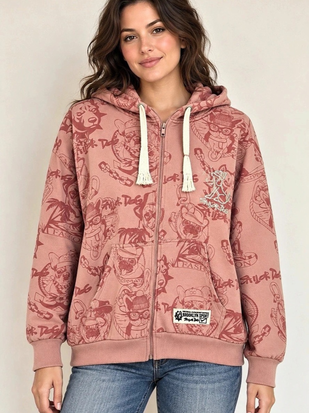 Brooklyn Sport Sailor Dog Full Zip Hoodie Pink XXS loose fit zip up sweater